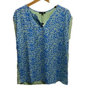 Papermoon Mixed Media Blue Floral Split Neck Blouse Top Women’s Medium
